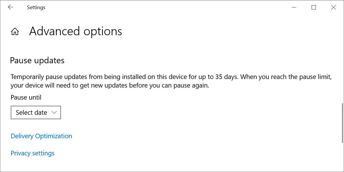 Windows 10 Advanced Options Pause Updates