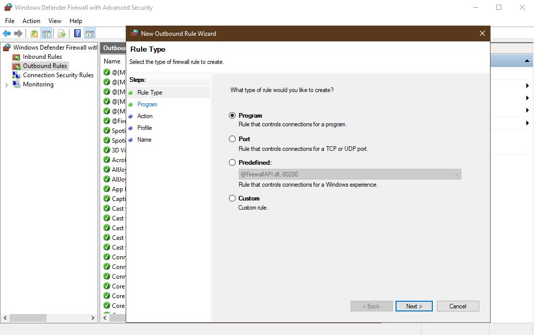Windows Defender Firewall Advanced Security's Outgoing Rule Wizard