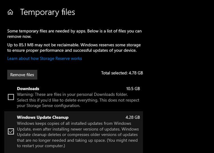 selecting temporary files windows 10