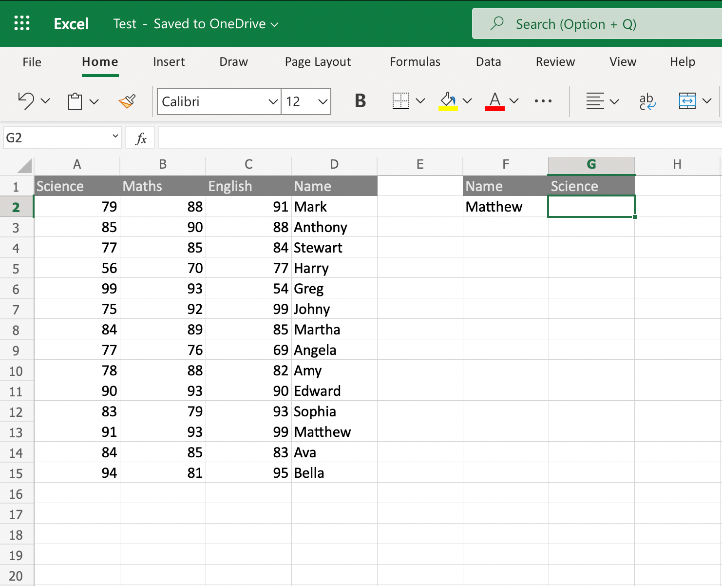 Excel spreadsheet with example data