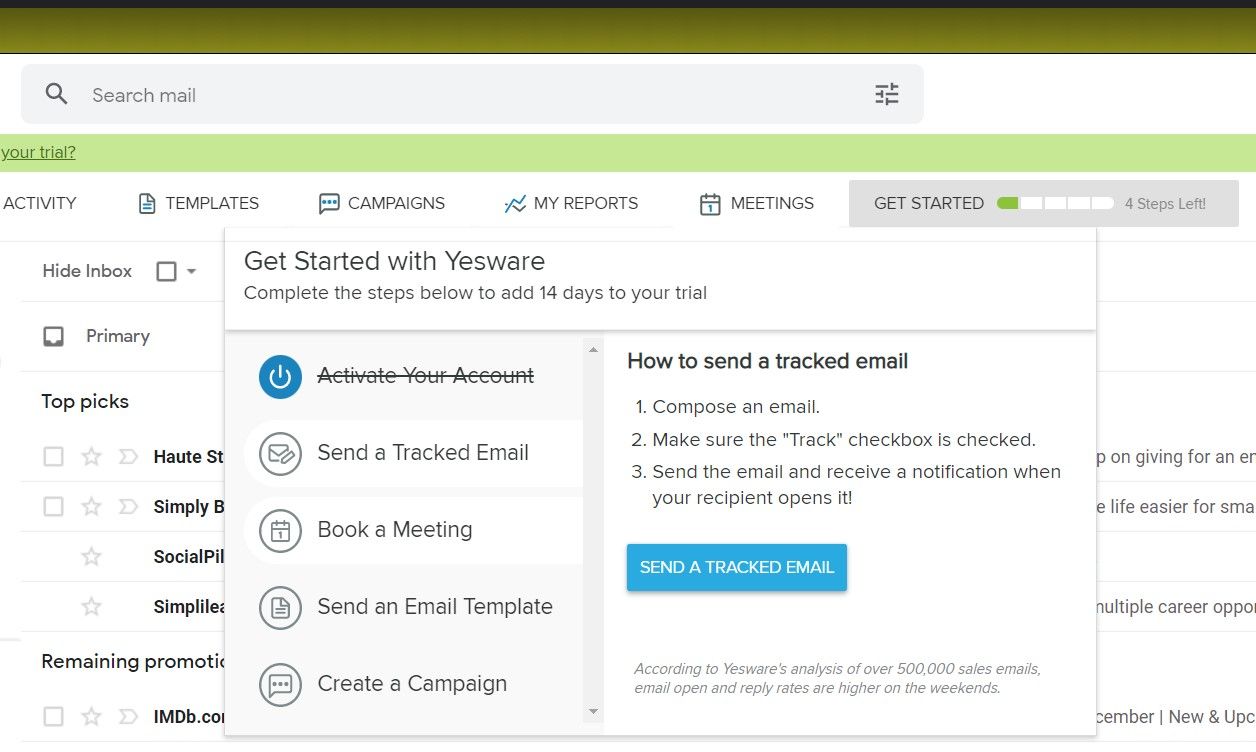 The menu of Yesware Email Tracker