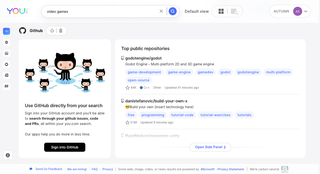 Screen shot of a GitHub web app within a search engine