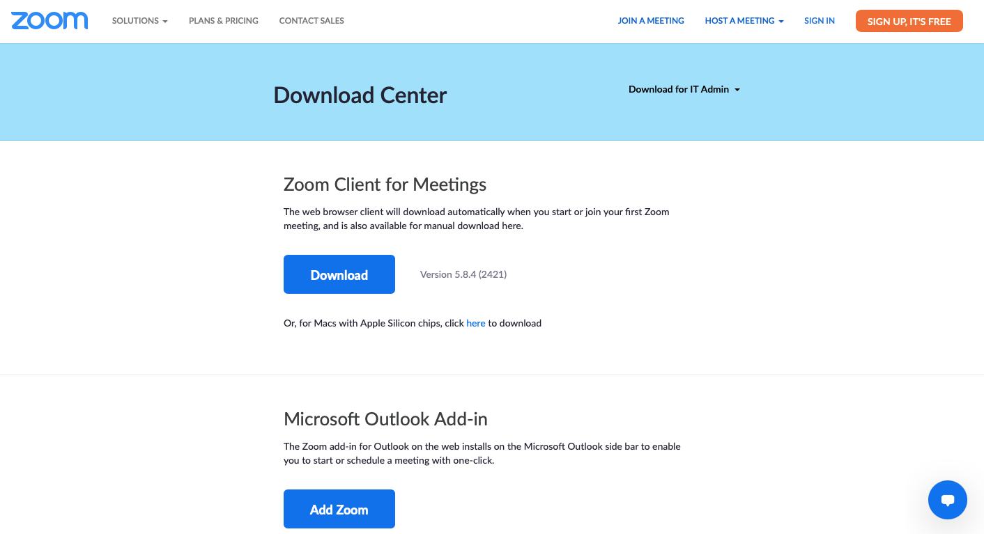 Image shows the Zoom download center on the Zoom website