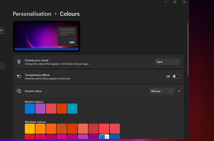 چگونه منوی استارت ویندوز 11 را با سلیقه خودمان بچینیم 7 accent colors options.jpg?q=50&fit=crop&w=750&dpr=1