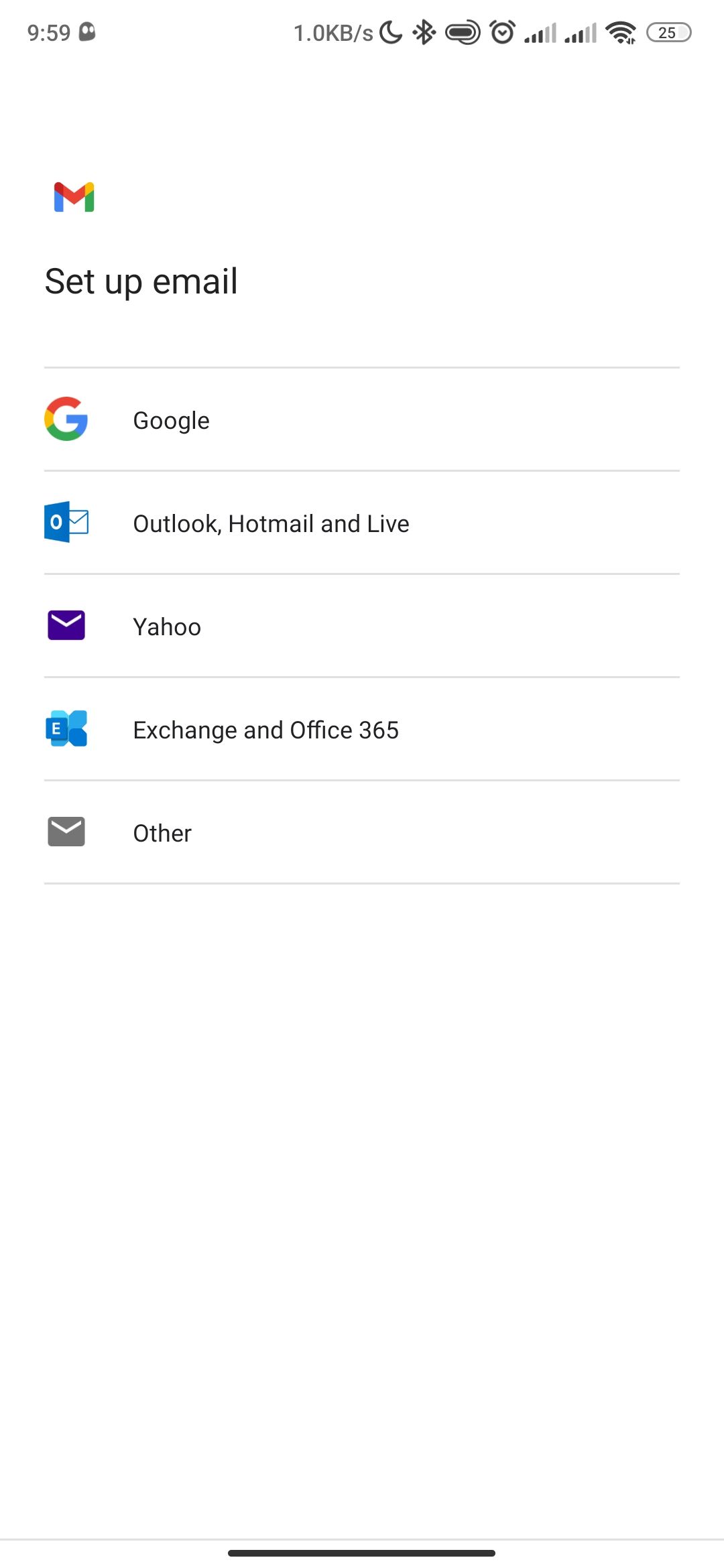 Gmail app page for adding an email account