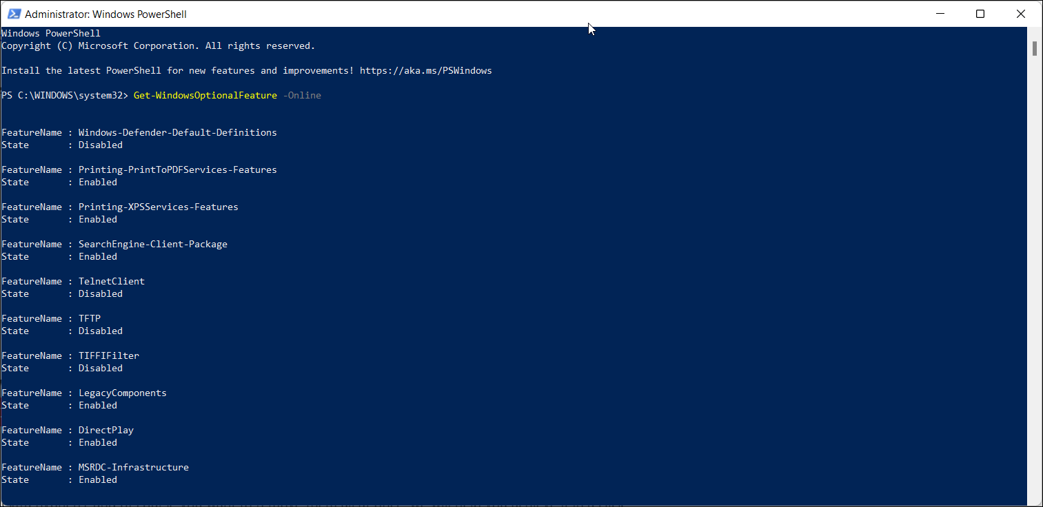 add optional featuers powershell windows 11