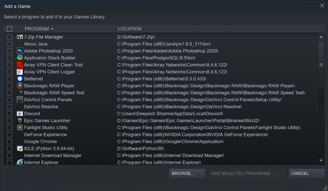add selected programs to steam library