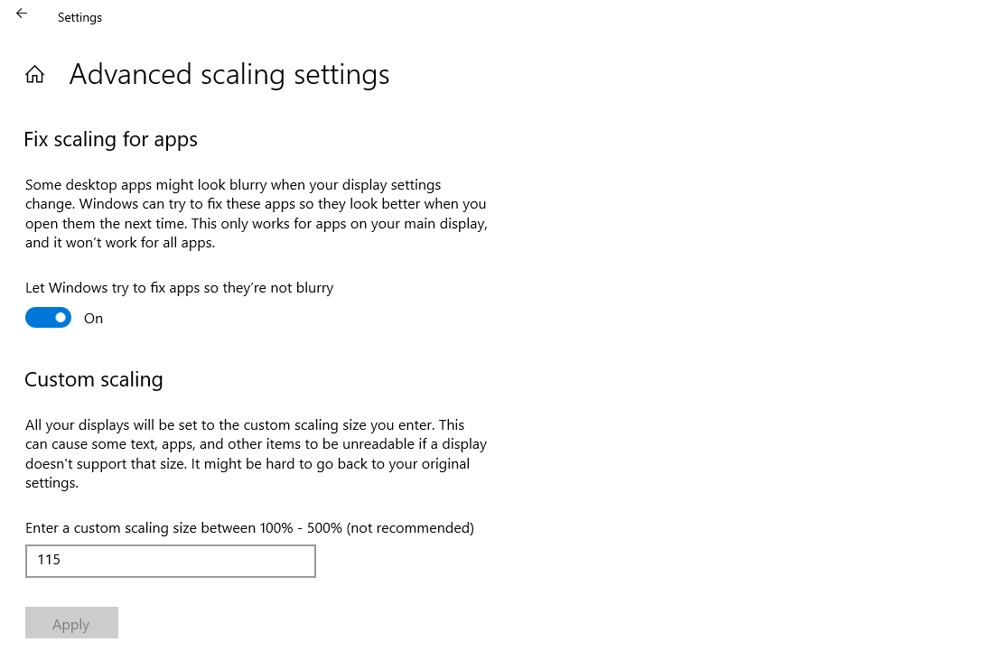 Adjust scaling option in Windows 10