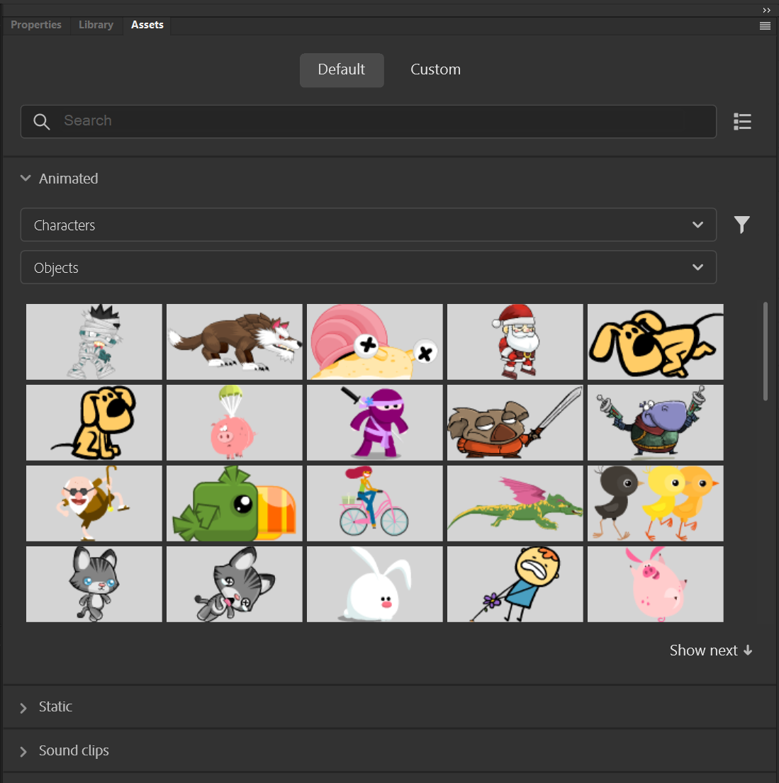 Your library of default assets in Adobe Animate.