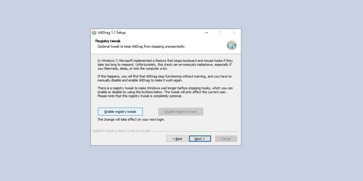 screenshot of altdrag installer with information about registry tweak 