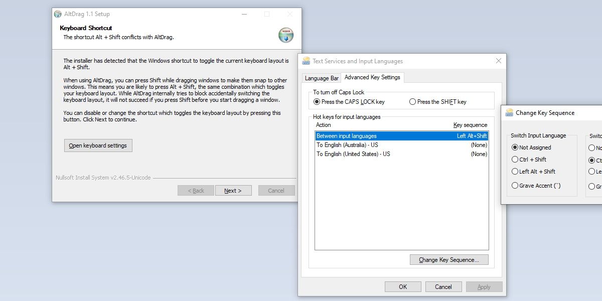 screenshot of windows showing the installer for alt drag and the keyboard settings
