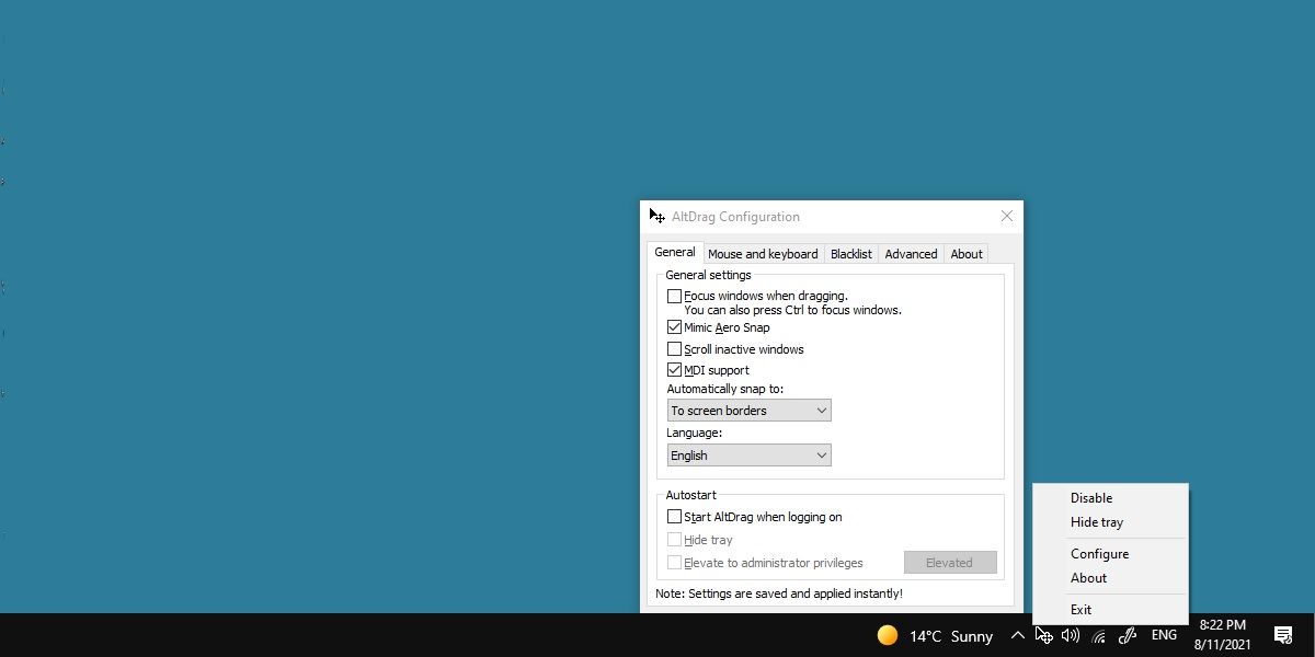 screenshot of windows desktop with the altdrag configuration menu open