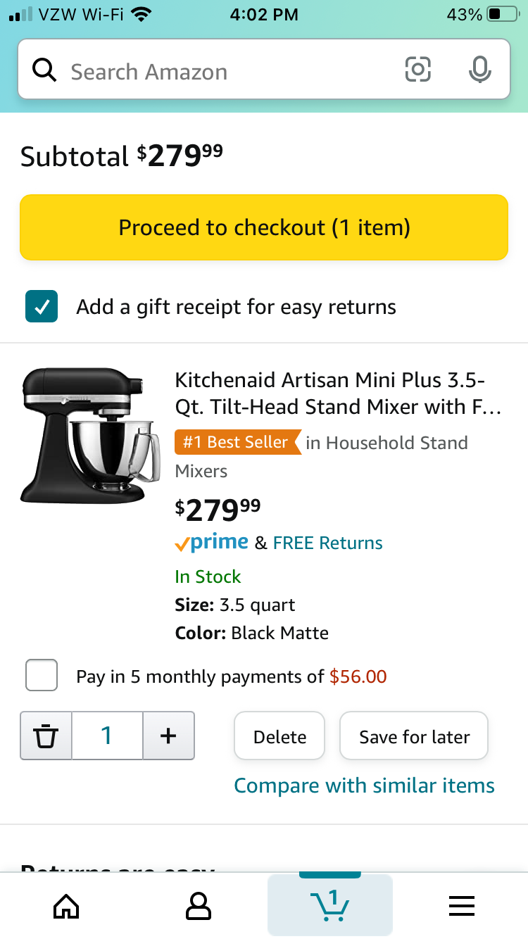 A kitchenmaid mixer in a shopper's Amazon cart. The add a gift receipt box is checked