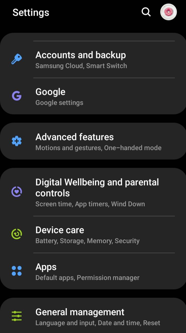 screenshot of settings screen on Samsung