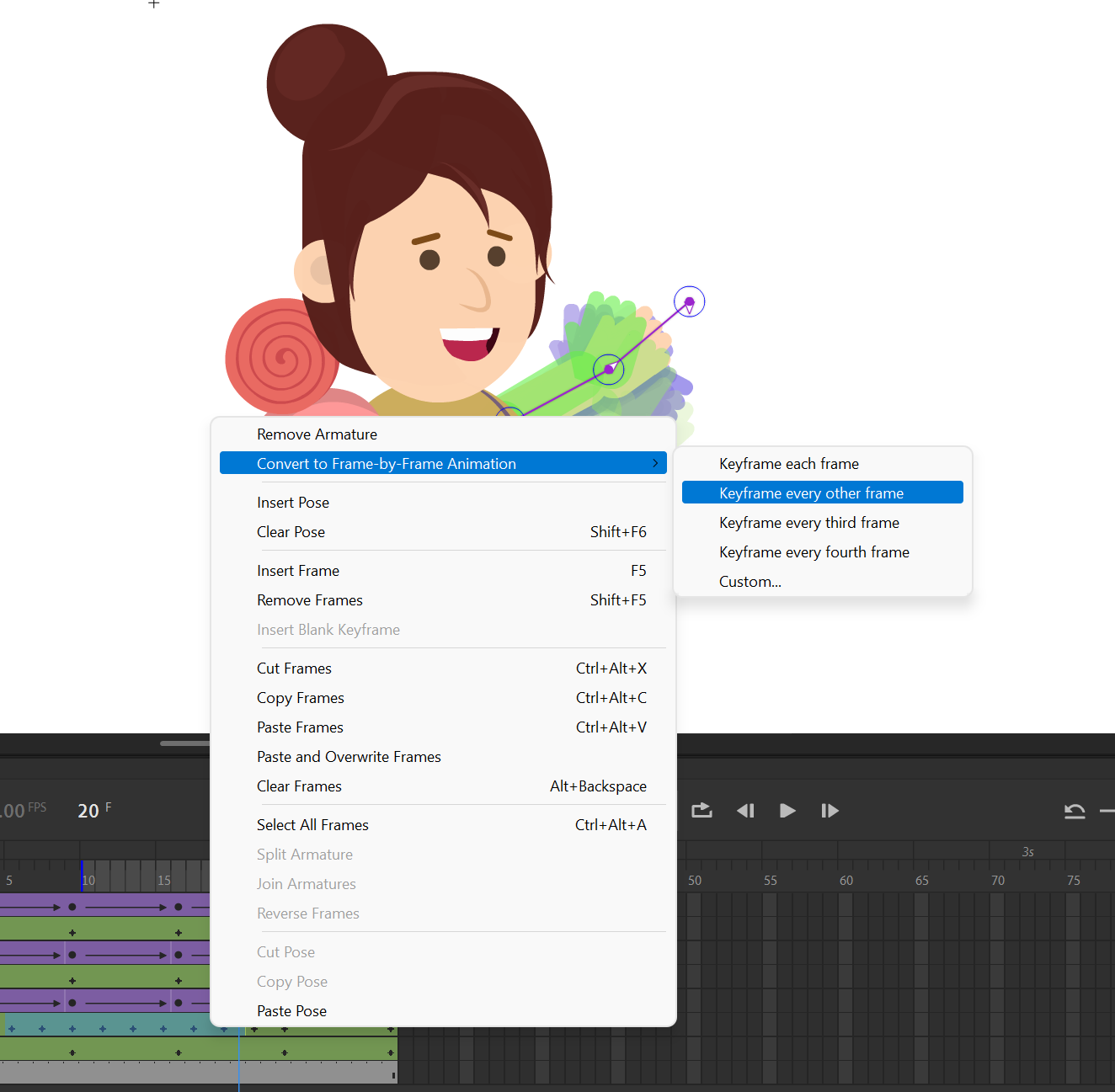 Converting frames to frame-by-frame animation in Adobe Animate.