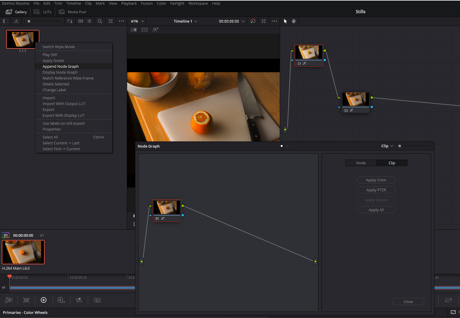 The Append Node Graph option in Resolve, along with the node graphs for both the clip and the still.