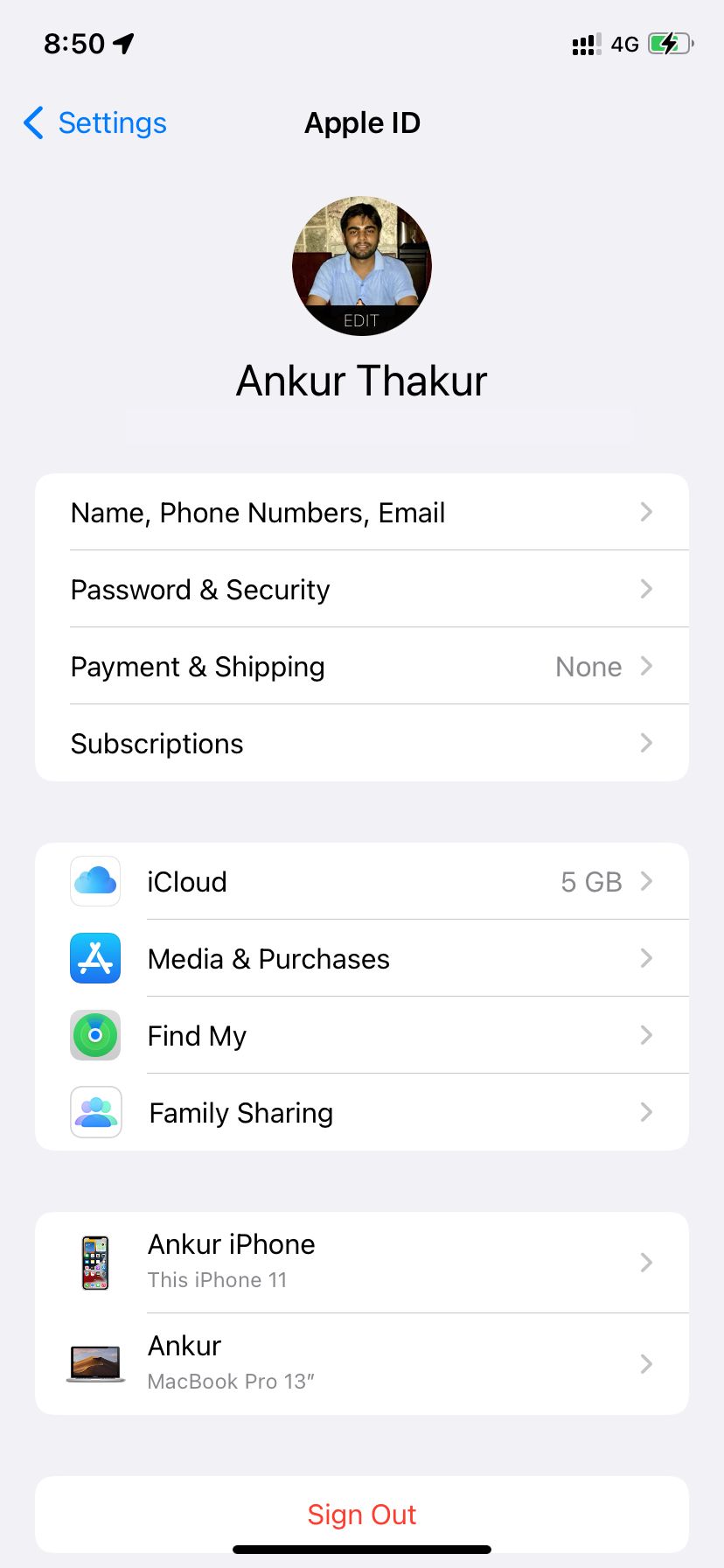 Apple ID settings page with Find My option