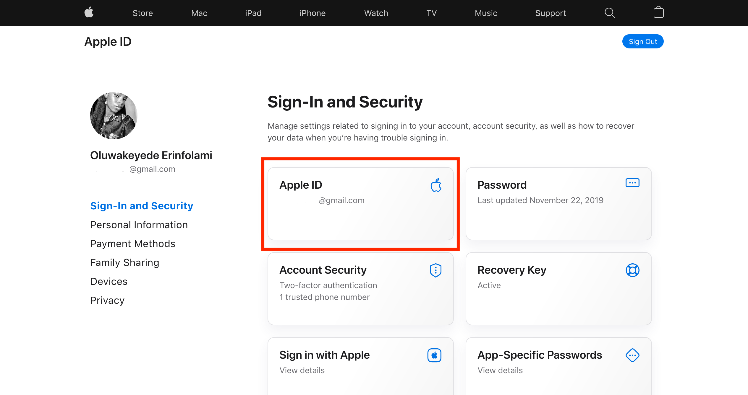Apple ID Sign in and Security page