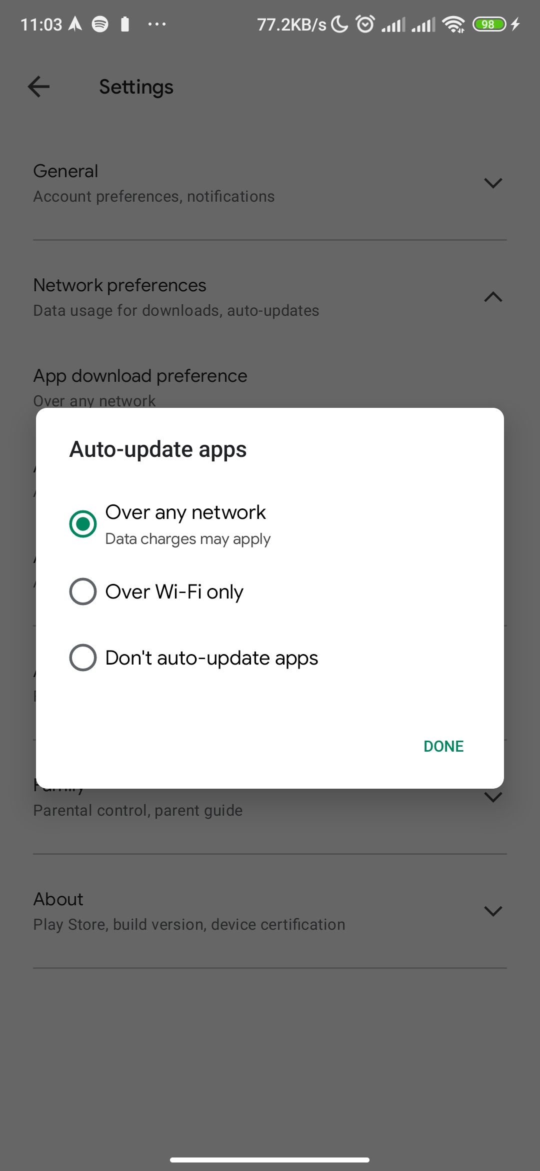 Auto-update settings option in Google Play Store