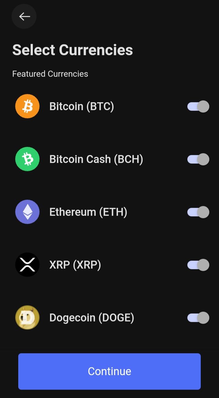 screenshot of bitpay app currencies list from phone