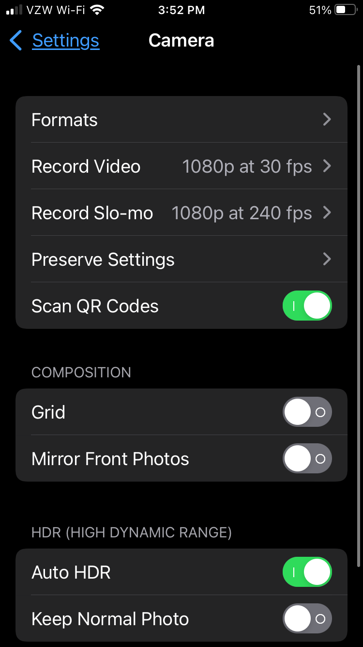 The camera settings menu on iPhone
