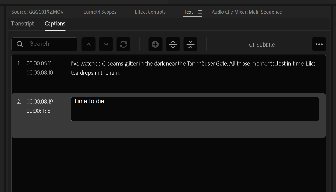 Continuing to add captions in Premiere.