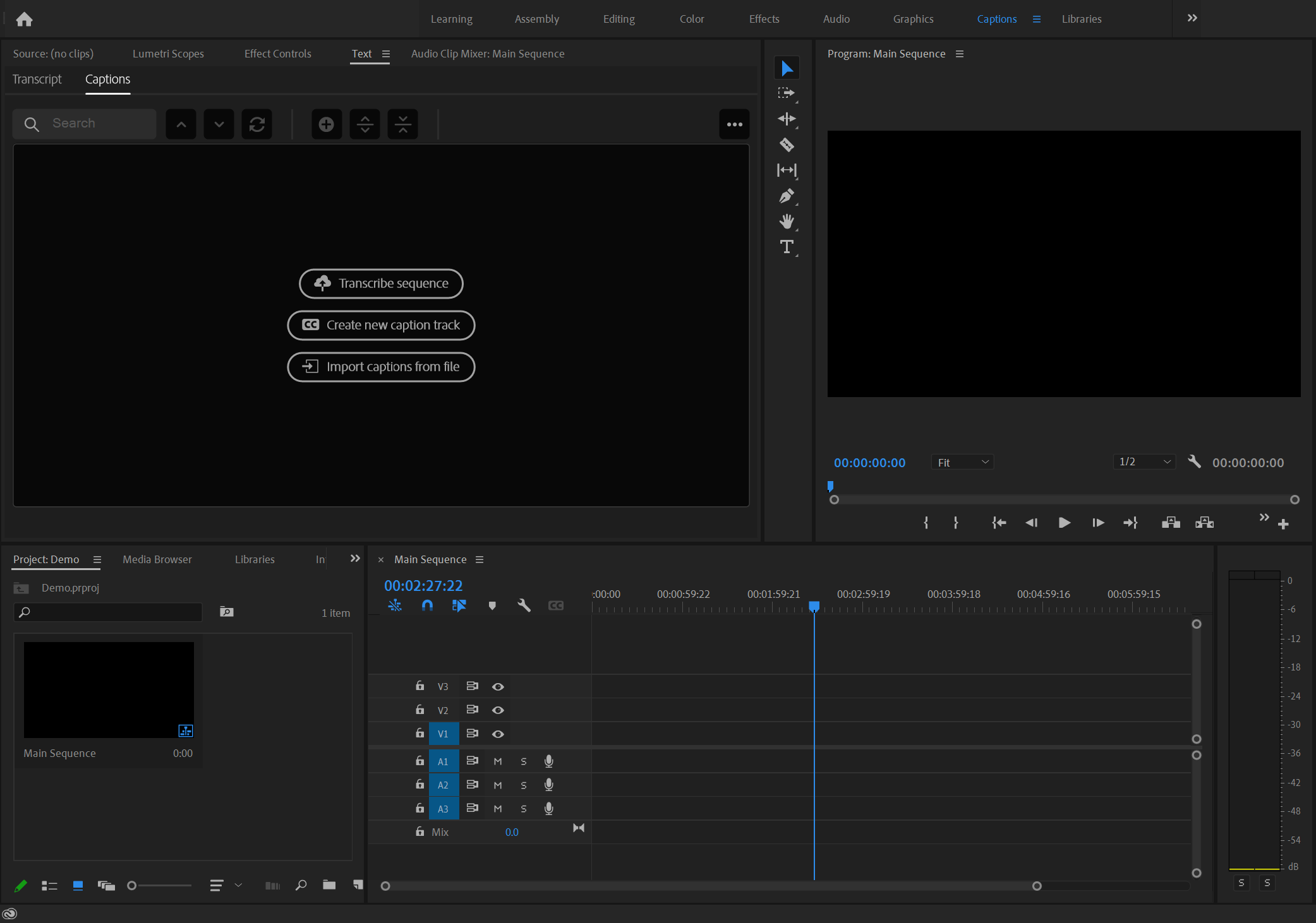 The Captions workspace in Premiere.