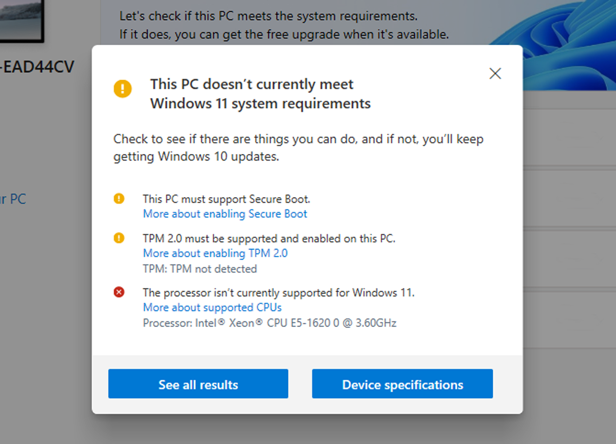 PC health check app showing PC doesn't meet Windows 11 requirements