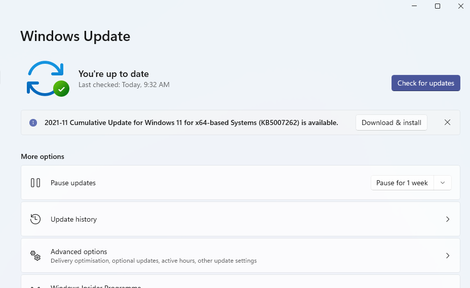 The Windows Update tab