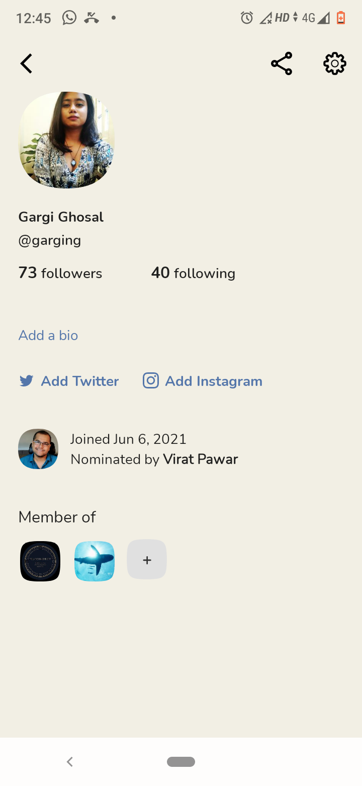 Screenshot showing a user profile on Clubhouse