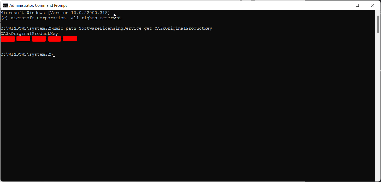 Command Prompt window running the wmic path SoftwareLicensingService get OA3xOriginalProductKey command