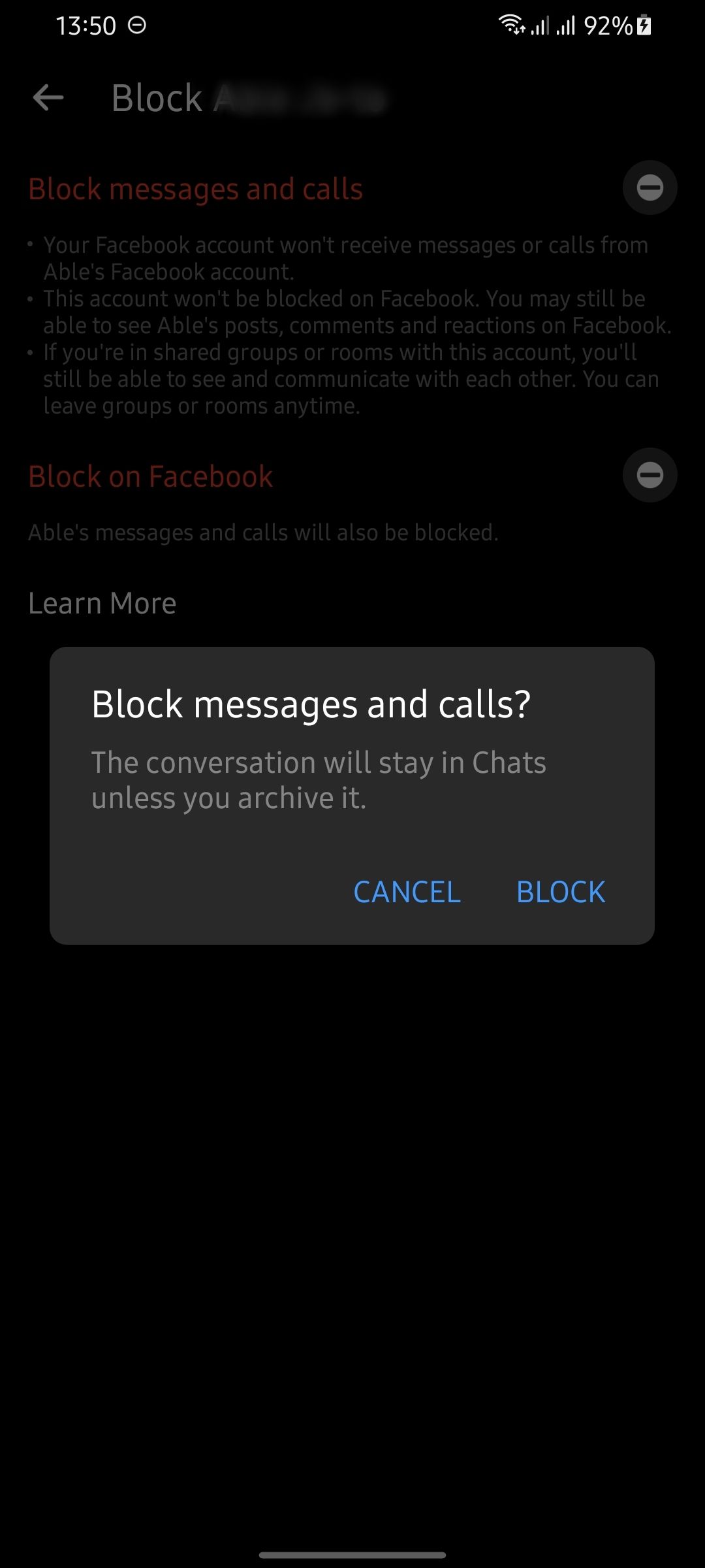 confirm block on facebook messenger