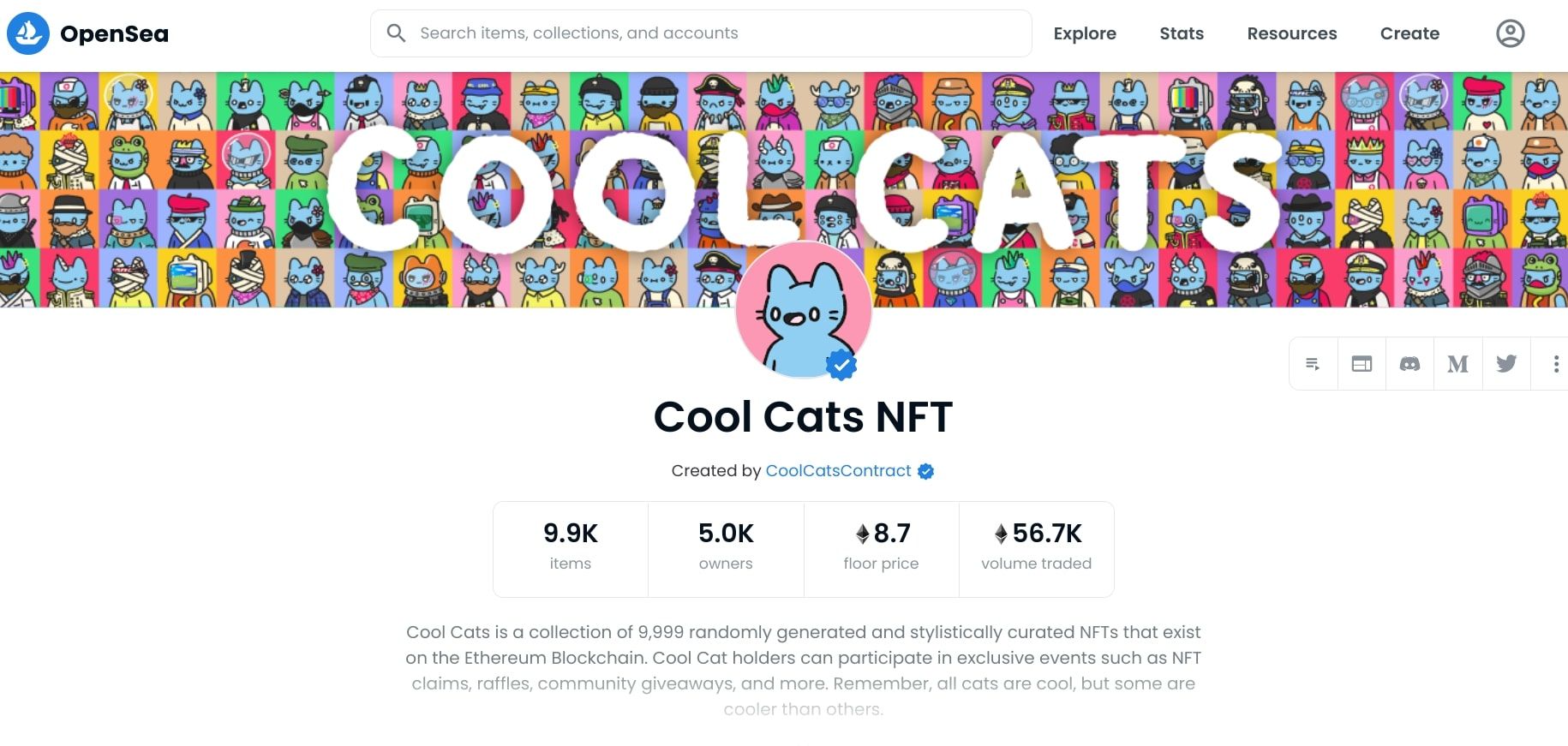 cool cats NFT opensea homepage screenshot