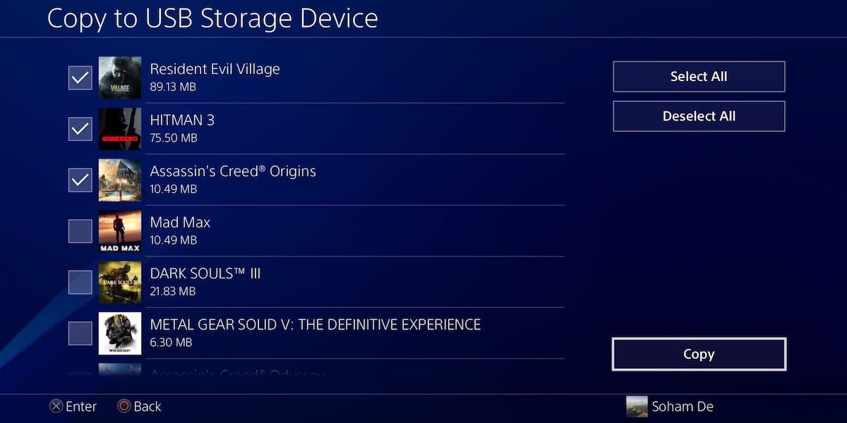 Copying games to a USB storage device from a PS4