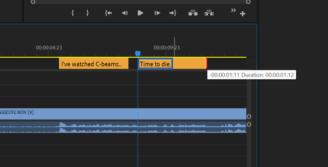 Trimming a caption segment in the Timeline panel.