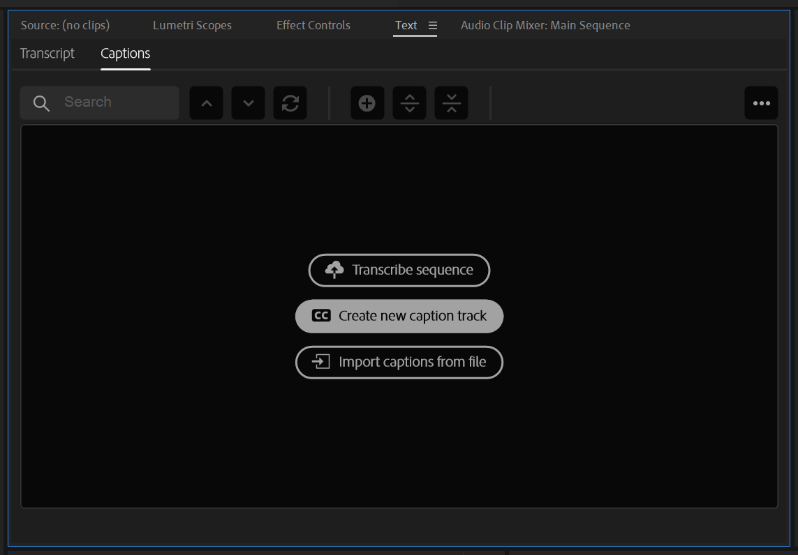 Creating a new caption track in Premiere.