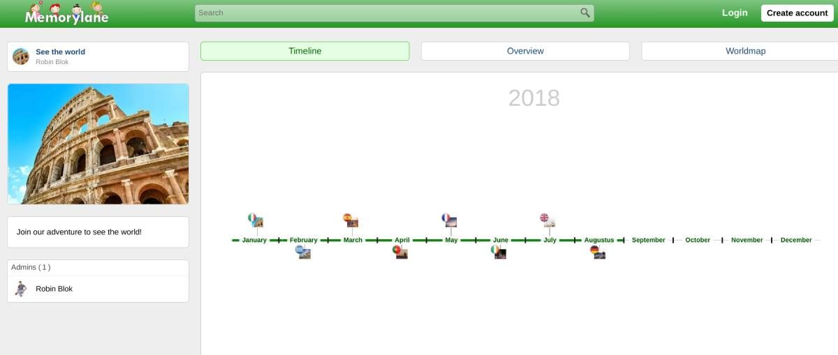 Memorylane is a photo album creator to upload events tagged with their time on a timeline or place on a world map
