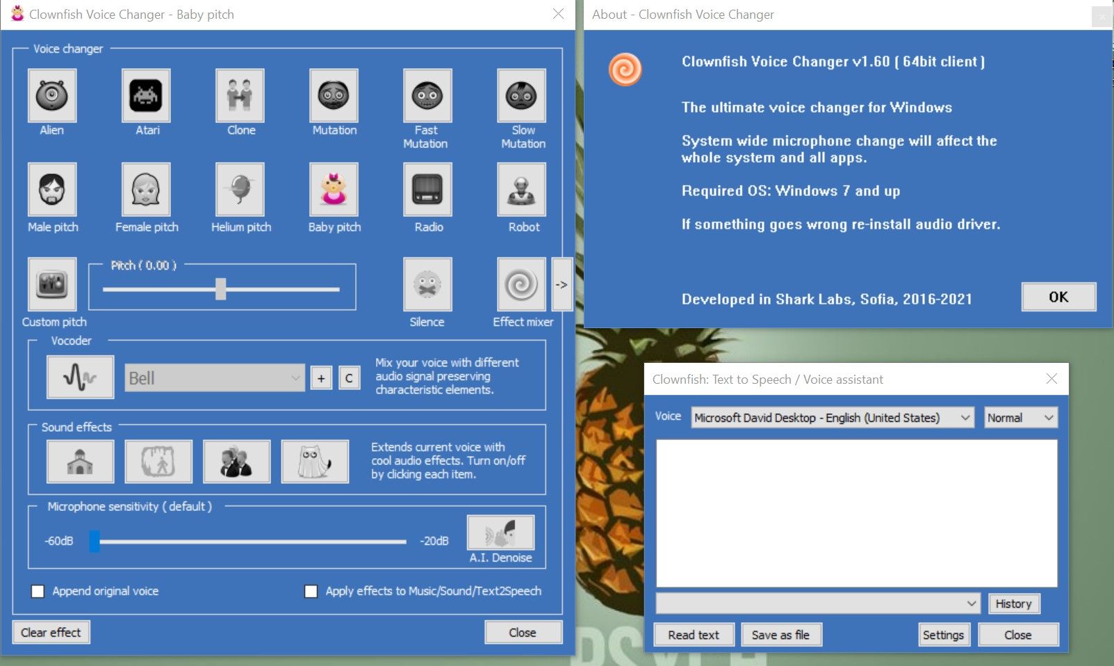 different screenshots of the clownfish voicechanging software