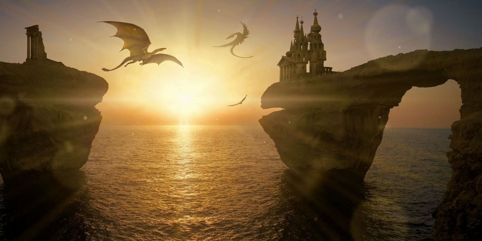 An image of dragons flying over an ocean. 
