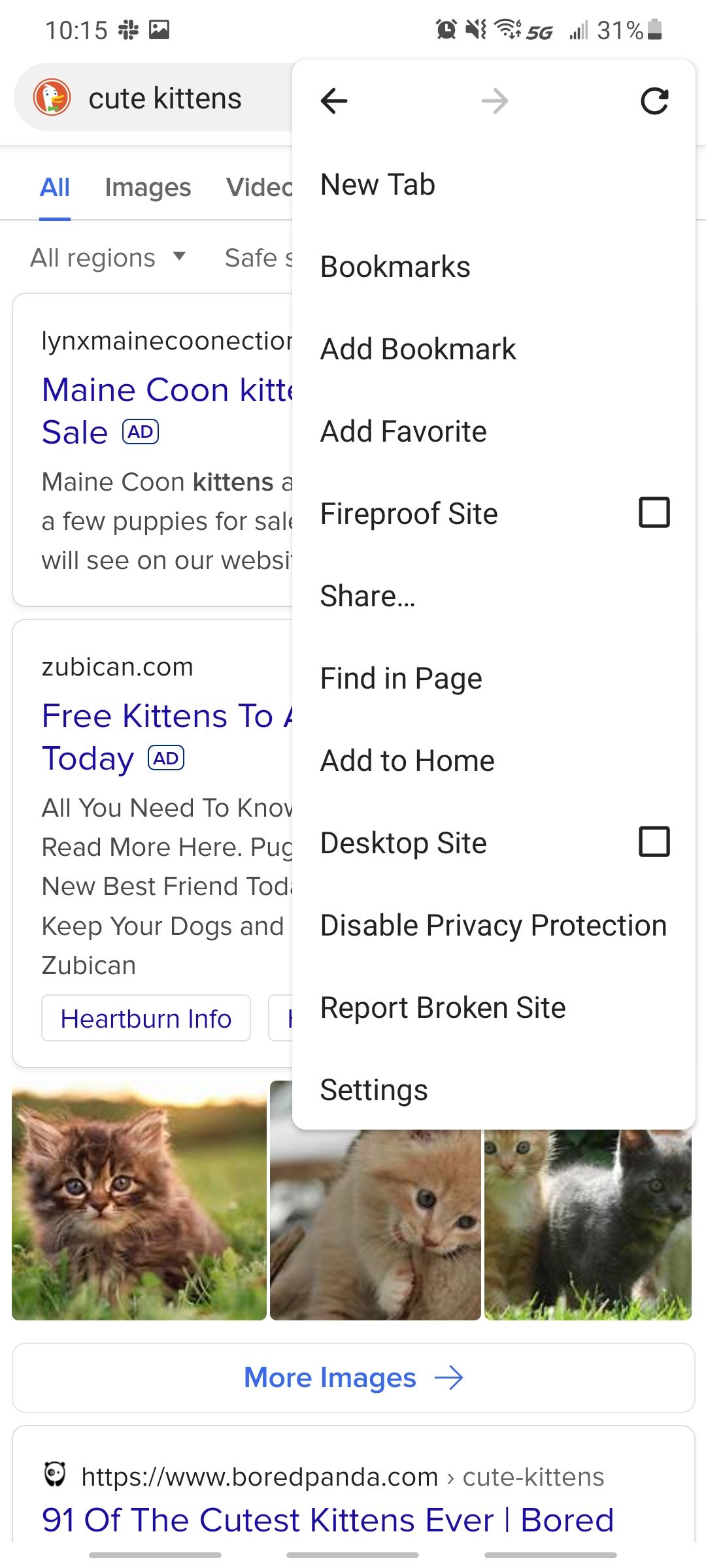 duckduckgobrowser settings menu on top of a search for cute kittens
