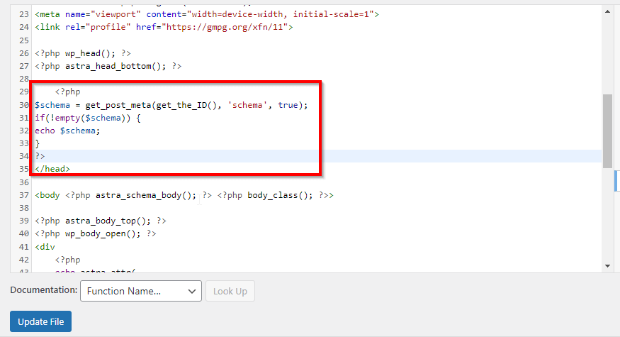 Screenshot showing how to insert code into header.php for Schema markup to work