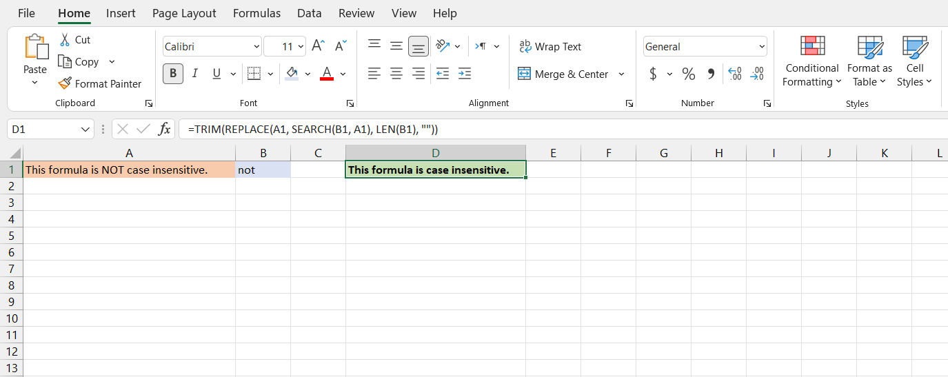 Subtracting text in Excel using the REPLACE function.