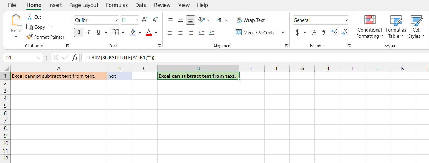 Using the SUBISTITUTE function to subtract text in Excel.