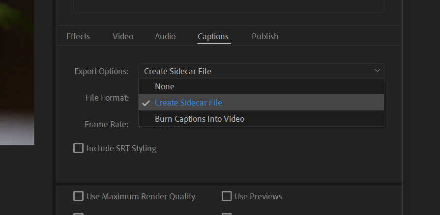 The captions options in Premiere's render settings.