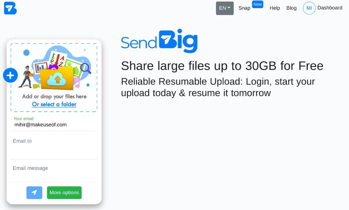 SendBig lets you transfer files of up to 30GB for free online