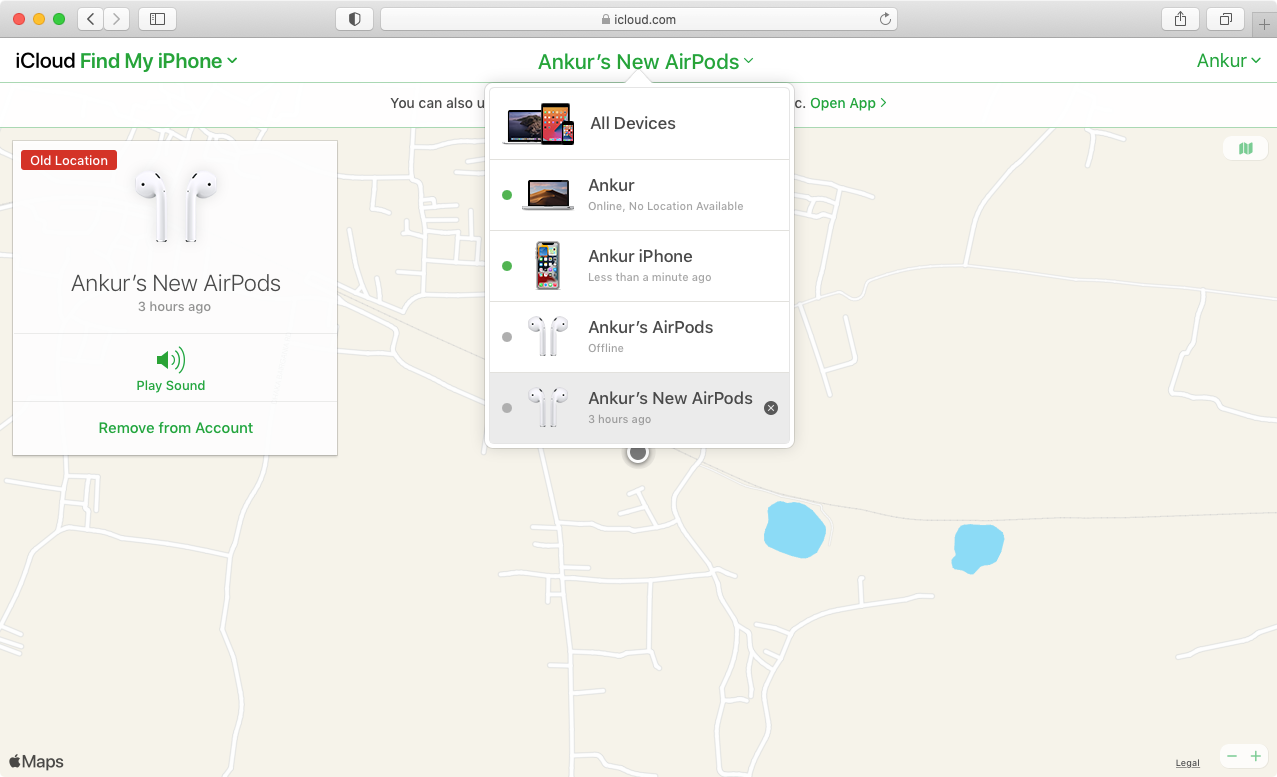 Find My iPhone in iCloud.com in Mac's Safari