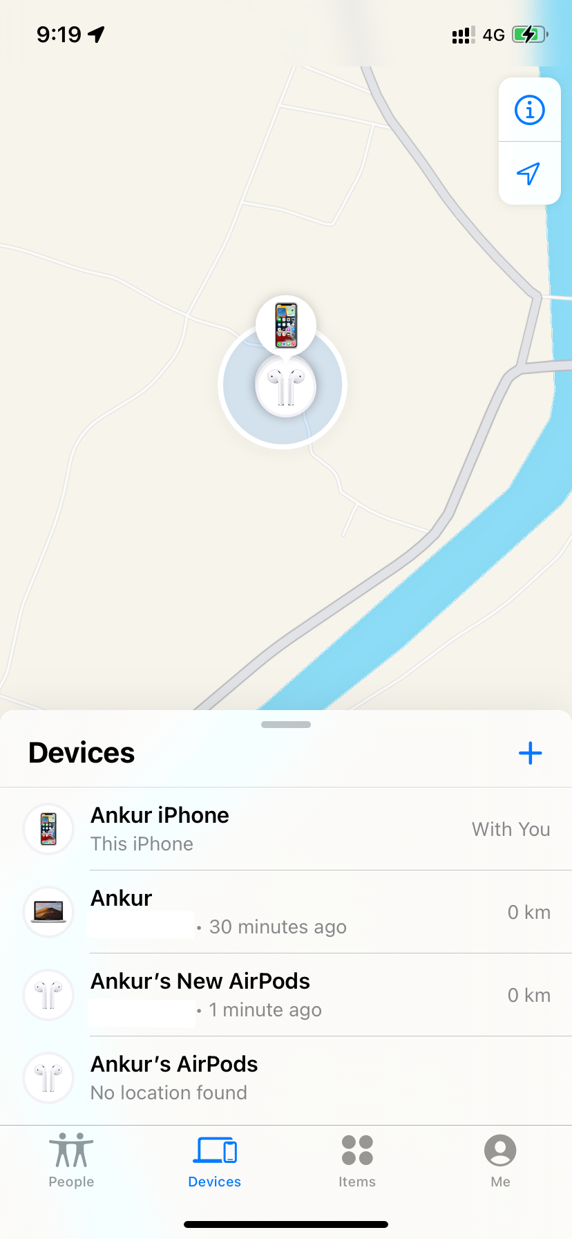 Find My app on iPhone showing all added devices