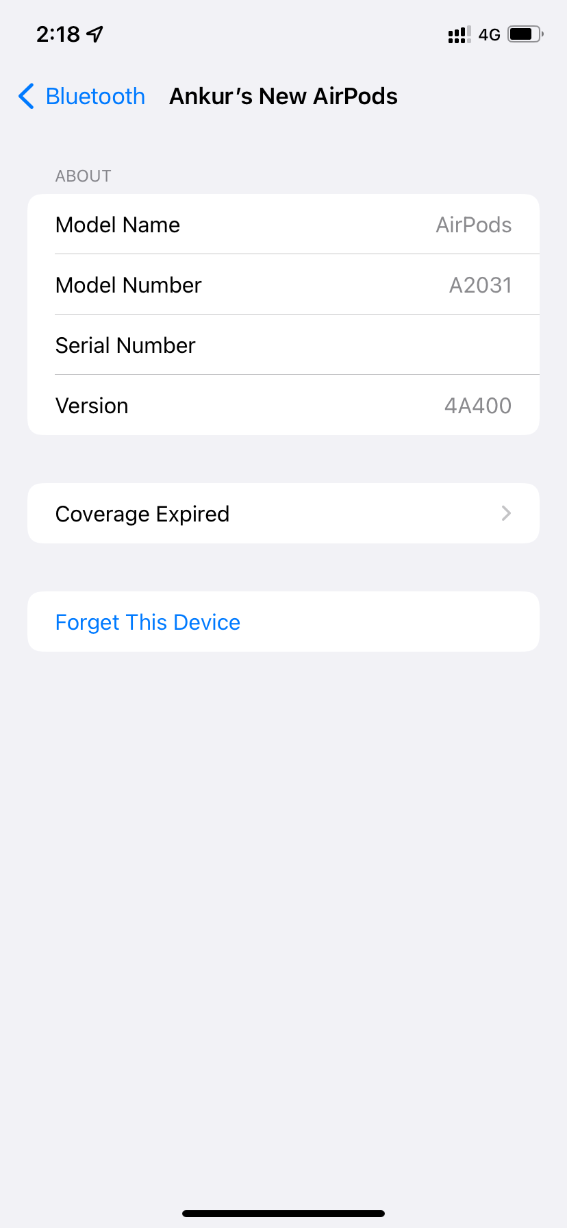 Forget This Device option in AirPods Bluetooth Settings