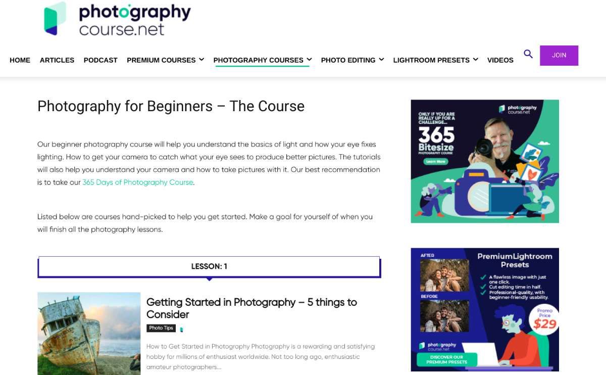 Photography Course, or photographycourse.net, is one of the oldest tutorial websites on the internet, offering lessons for all skill levels and different niches