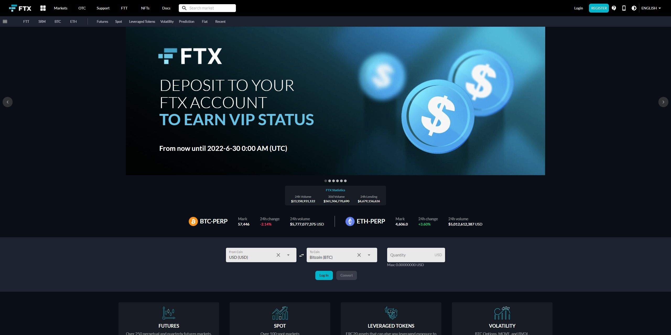 Screenshot of FTX's home page